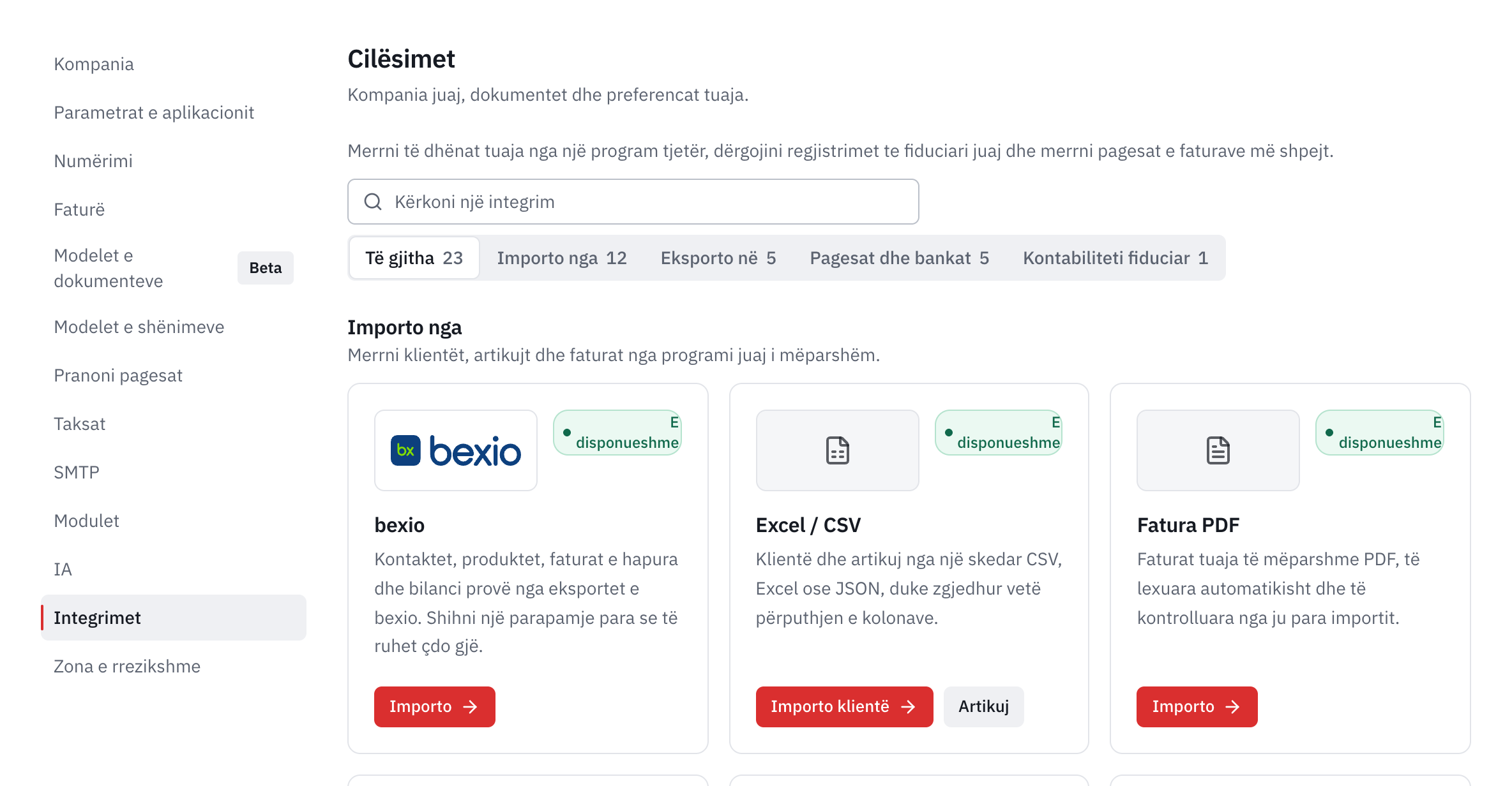 Skeda Integrimet e cilësimeve: kërkimi, kategoritë dhe kartat bexio, Excel / CSV dhe Fatura PDF.