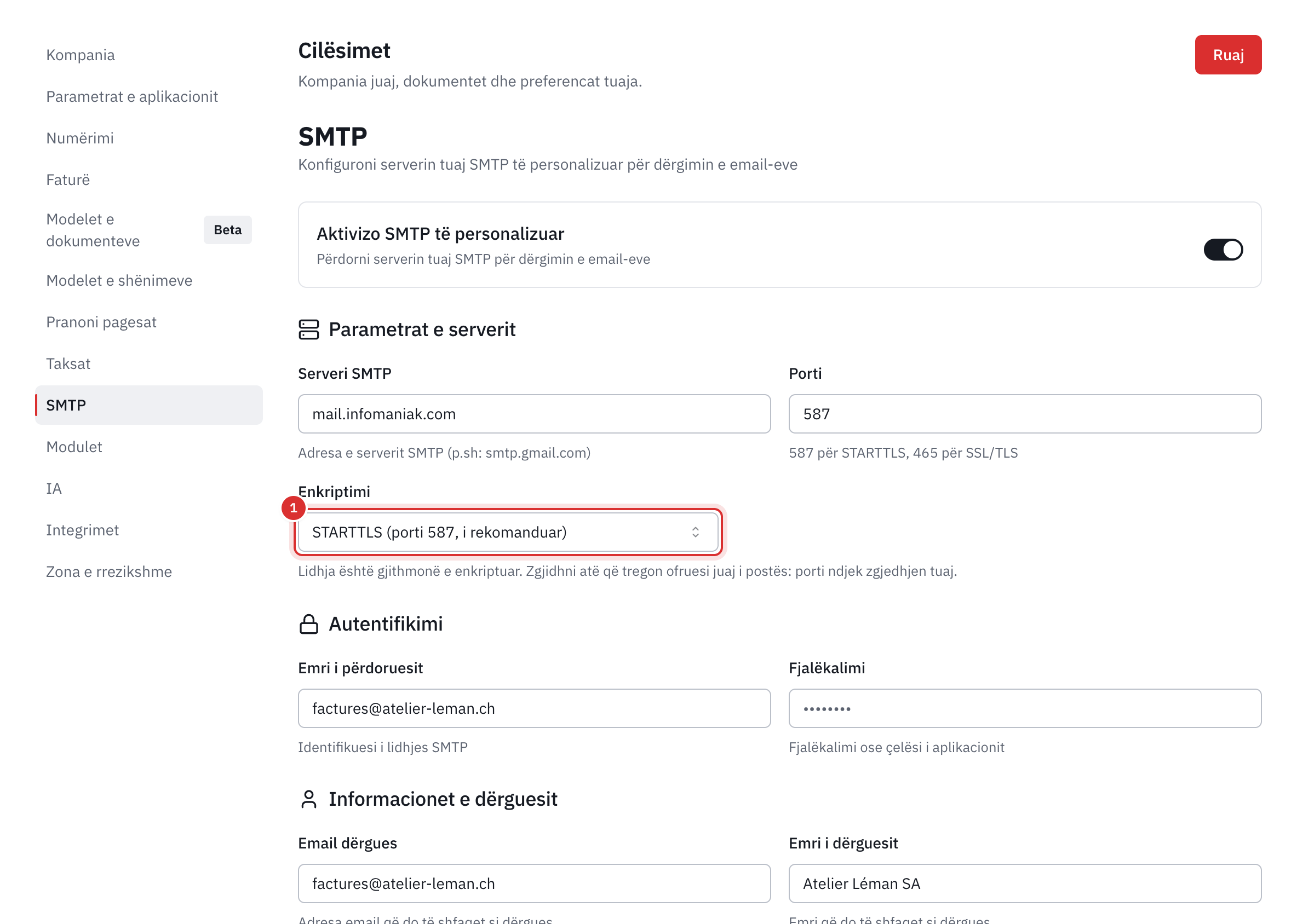 Skeda SMTP: serveri, porti, enkriptimi, autentifikimi dhe dërguesi.