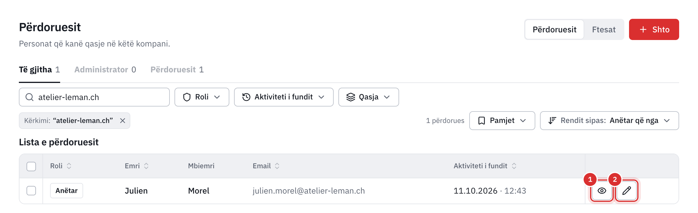 Lista e përdoruesve: roli, emri, mbiemri, e-maili dhe aktiviteti i fundit i secilit, me butonat Detajet dhe Modifiko.