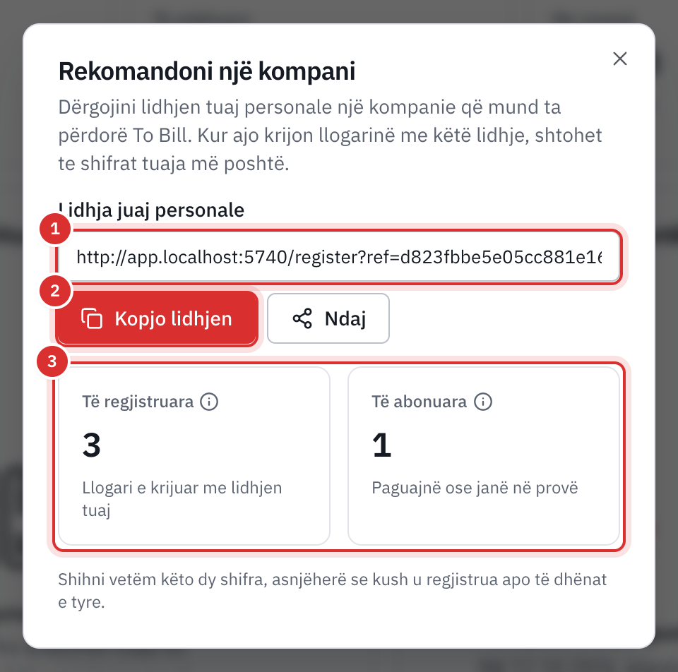 Dritarja Rekomandoni një kompani: lidhja personale, butonat Kopjo lidhjen dhe Ndaj, pastaj numëruesit Të regjistruara dhe Të abonuara.