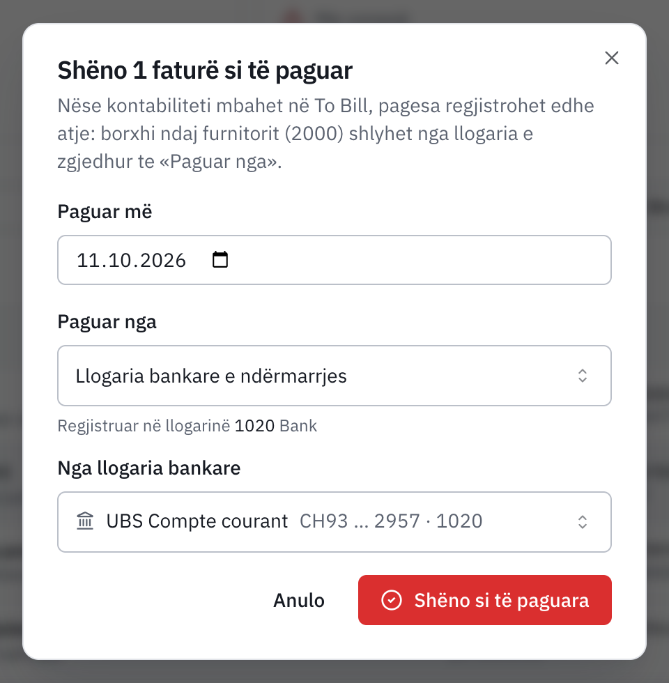 Dritarja Shëno 1 faturë si të paguar: data e pagesës, Paguar nga Llogaria bankare e ndërmarrjes, e regjistruar në llogarinë 1020, dhe llogaria bankare UBS Compte courant.