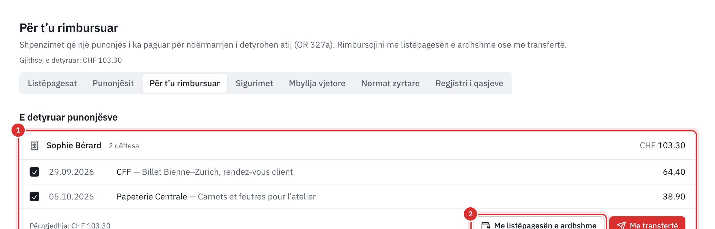 Faqja Për t'u rimbursuar: nën detyrimet ndaj punonjësve, dy shpenzime të paradhëna nga Sophie Bérard, të shënuara, me butonat Me listëpagesën e ardhshme dhe Me transfertë.