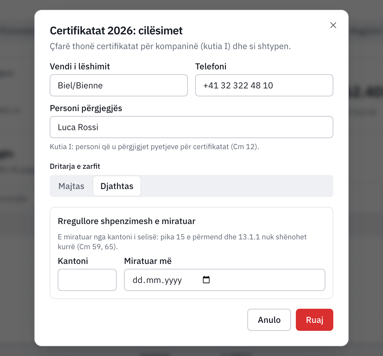 Dritarja Certifikatat 2026: cilësimet: vendi i lëshimit, telefoni, personi përgjegjës, dritarja e zarfit dhe rregullorja e miratuar e shpenzimeve.