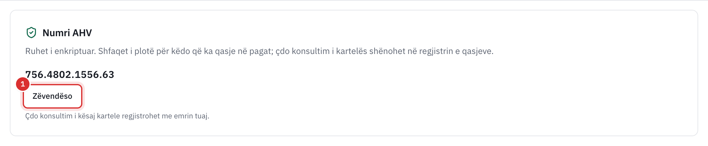 Seksioni i numrit AHV të një punonjësi: numri i plotë, butoni Zëvendëso dhe fjalia për regjistrin e qasjeve.