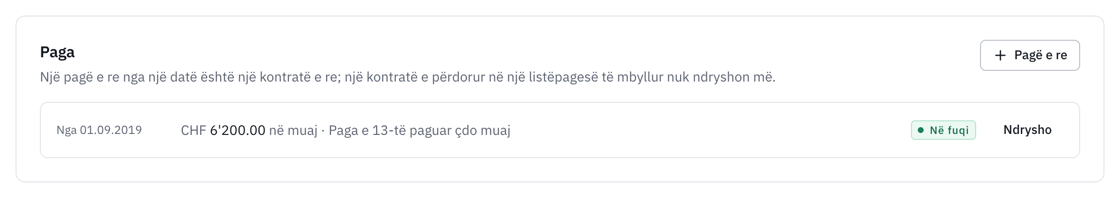 Seksioni Paga i një punonjësi: kontrata në fuqi dhe butoni Pagë e re.