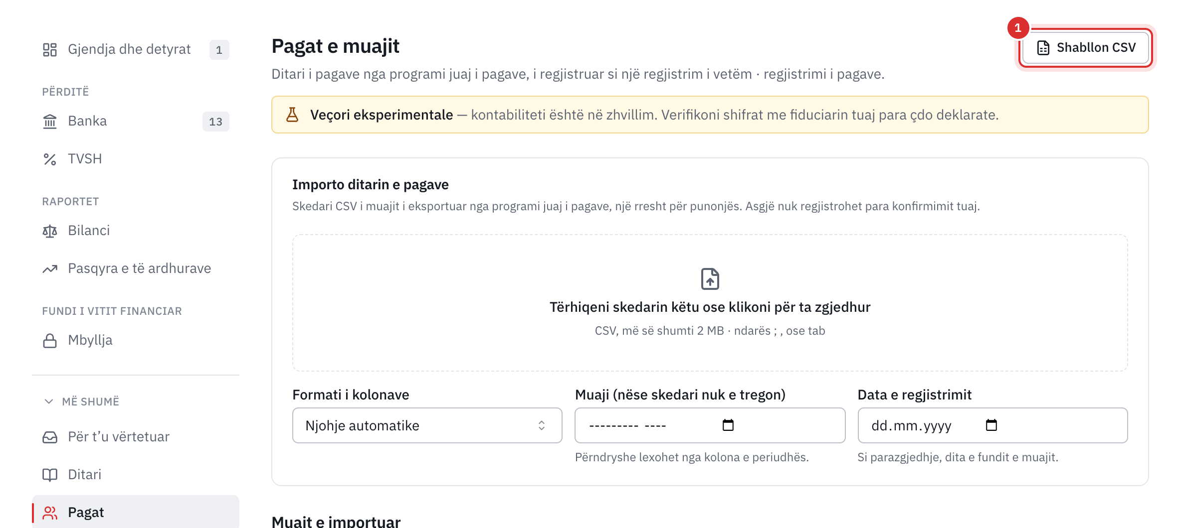 Faqja Pagat e muajit e kontabilitetit: zona për të lëshuar ditarin, formati i kolonave, muaji dhe data e regjistrimit.