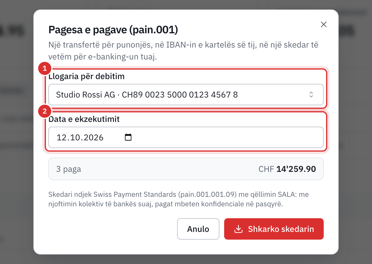 Dritarja e pagesës së pagave: llogaria për debitim, data e ekzekutimit, numri i pagave dhe totali.