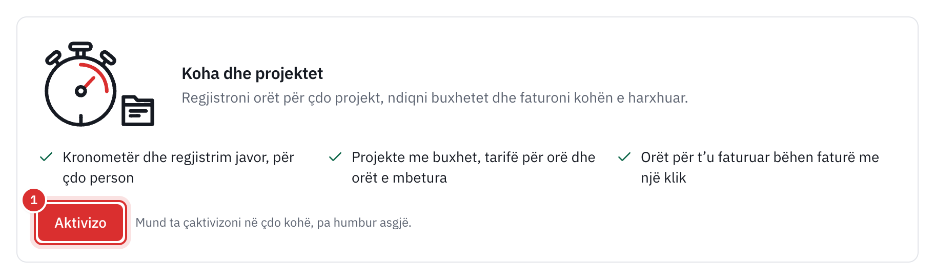 Karta Koha dhe projektet te Cilësimet, Modulet, me butonin Aktivizo.